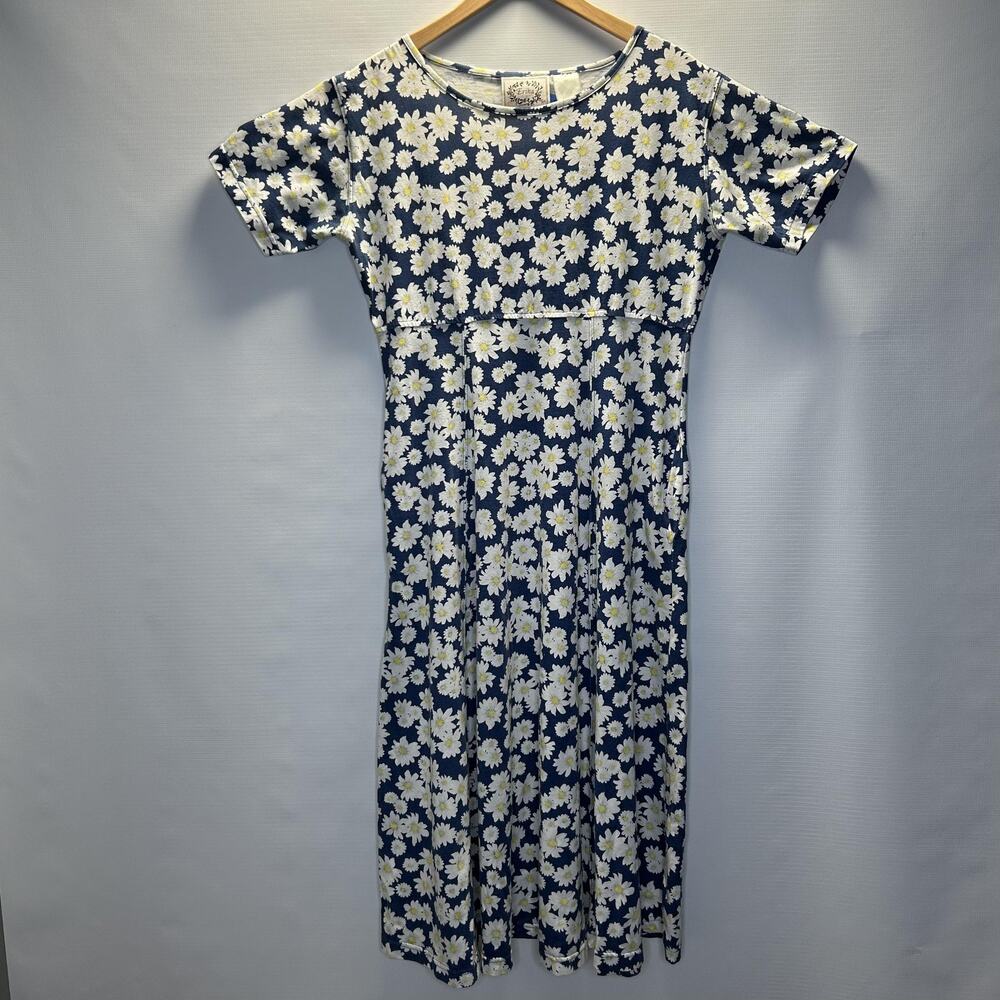 Erika Dress Womens Medium Blue White Daisy Floral Midi Short Sleeve 90s Style